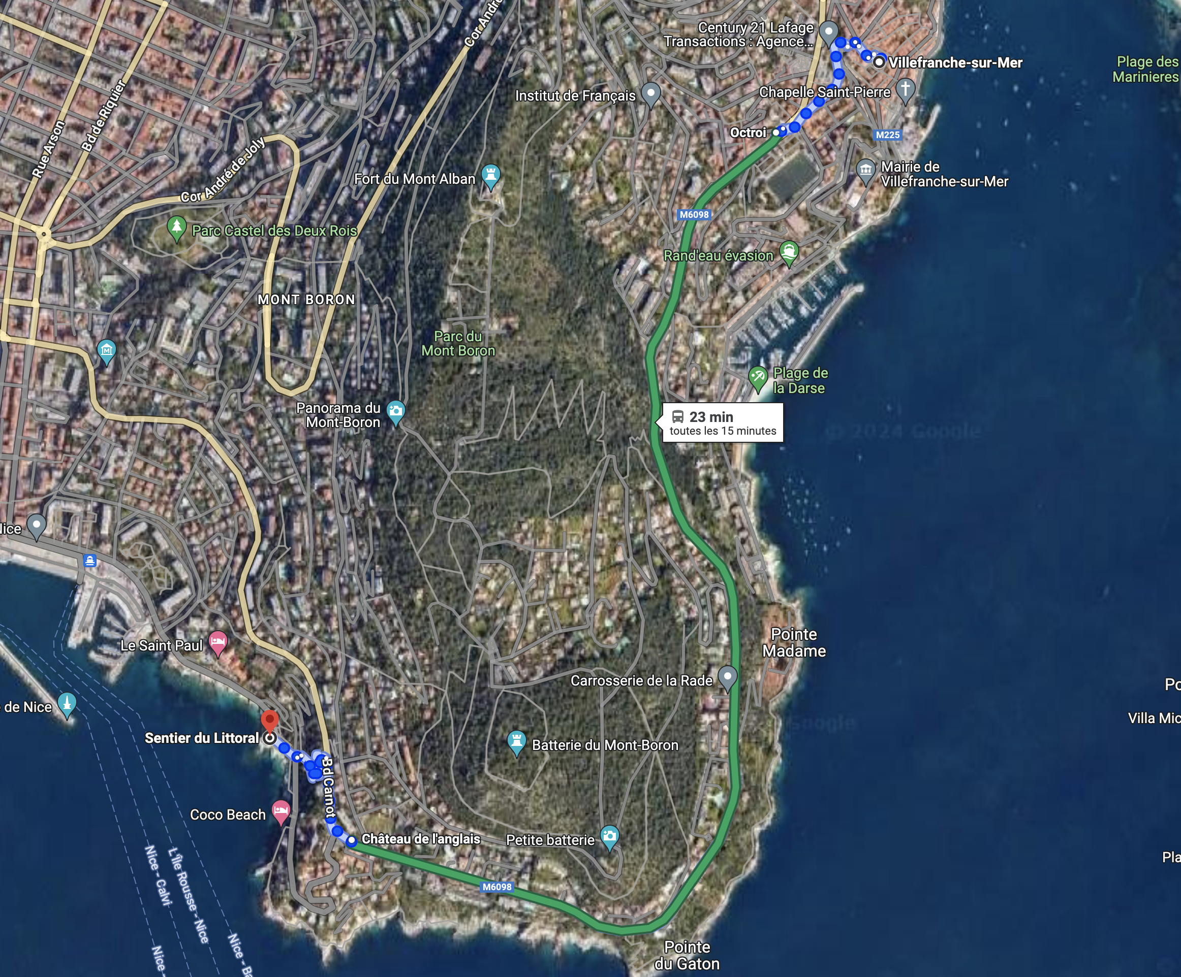 Map showing the route from Villefranche-Sur-Mer to the Nice coastal path.