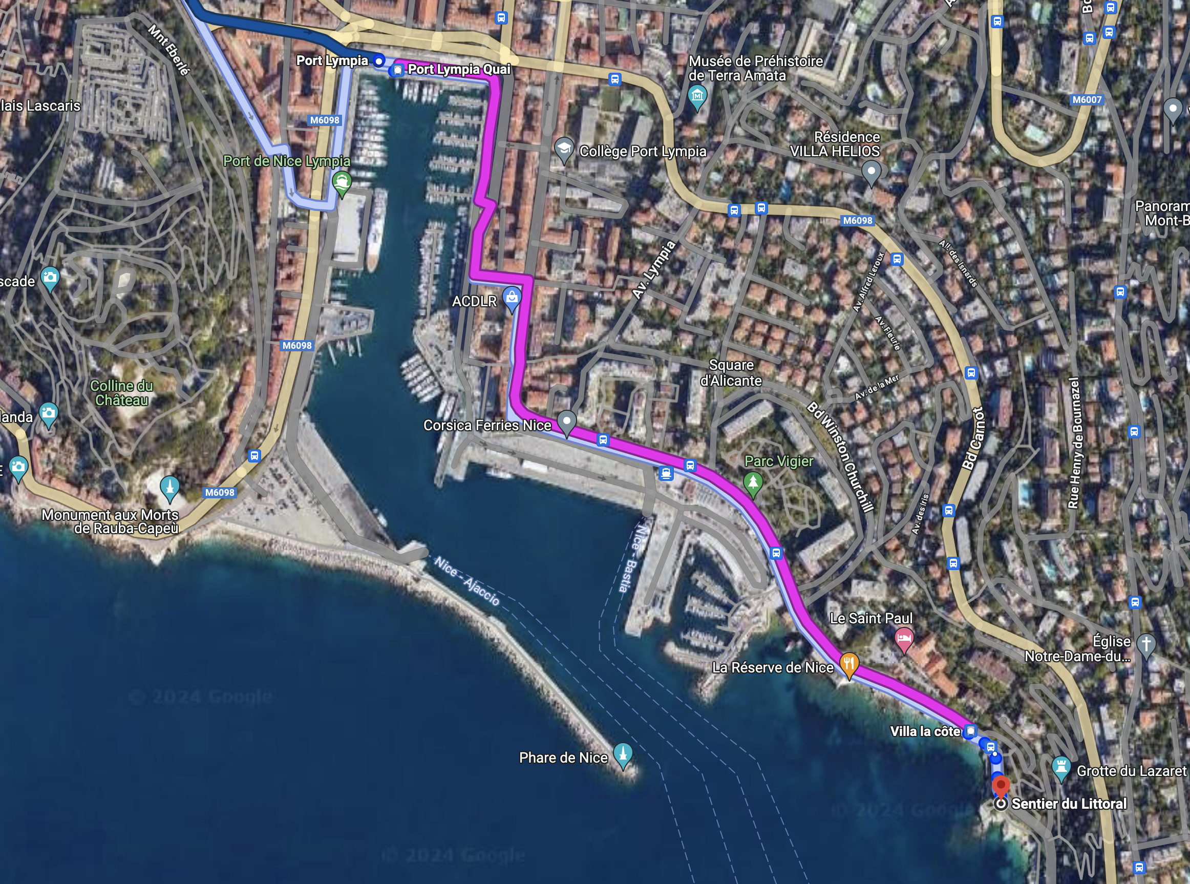 Map showing the route from the port of Nice to the Nice coastal path